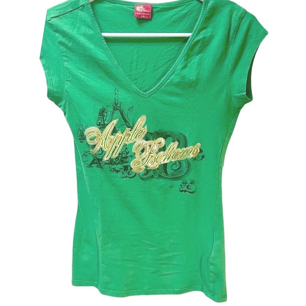Apple Bottoms Womens Graphic Tee Green V Neck Baby Tee Vintage Y2K Size S